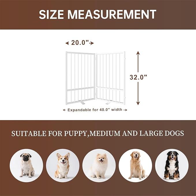 2 Panels Full Metal Freestanding Dog Gates, 40” W x 32” H Folding Pet Gate Fence - Image 2