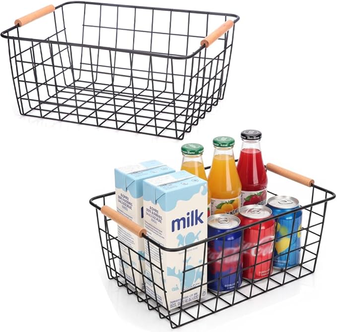 LeleCAT Wire Baskets with Wooden Handles Wire Storage Organizer Bin Baskets by HomeSpaceStorageBasket