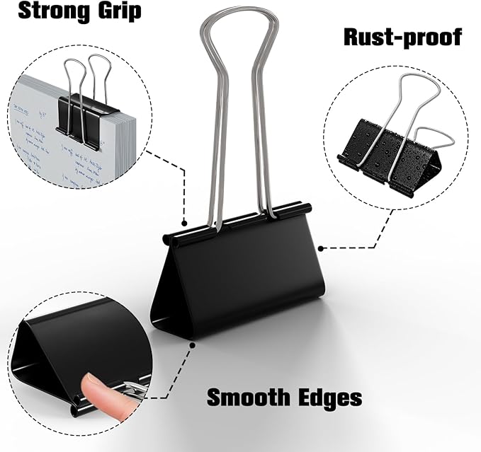 Medium Binder Clips, Heavy Duty Black Clips Hold 150 Sheets, Rust-Proof - Image 3
