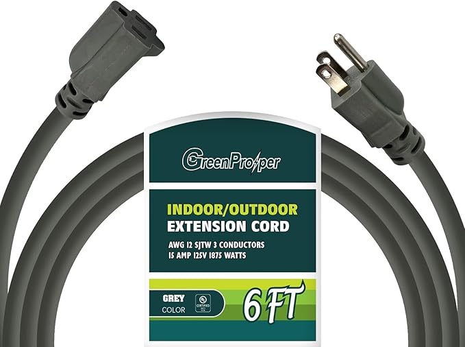 6 FT 12 Gauge Extension Cord Outdoor, Heavy Duty Weatherproof & Flame Retardant by GreenProsper