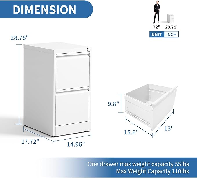 2 Drawer File Cabinet with Lock, Steel Vertical Filing Cabinets - Image 3