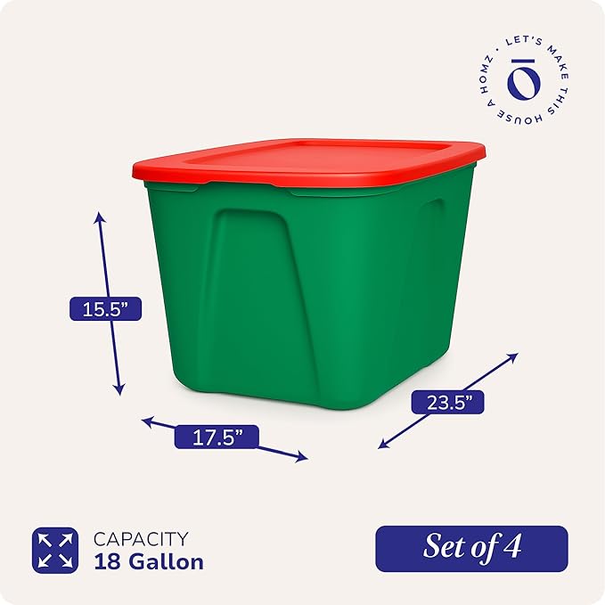 HOMZ 4-Pack Molded Bin, Holiday Storage Containers w/ Lids, 18 Gal, Gift Wraps - Image 4