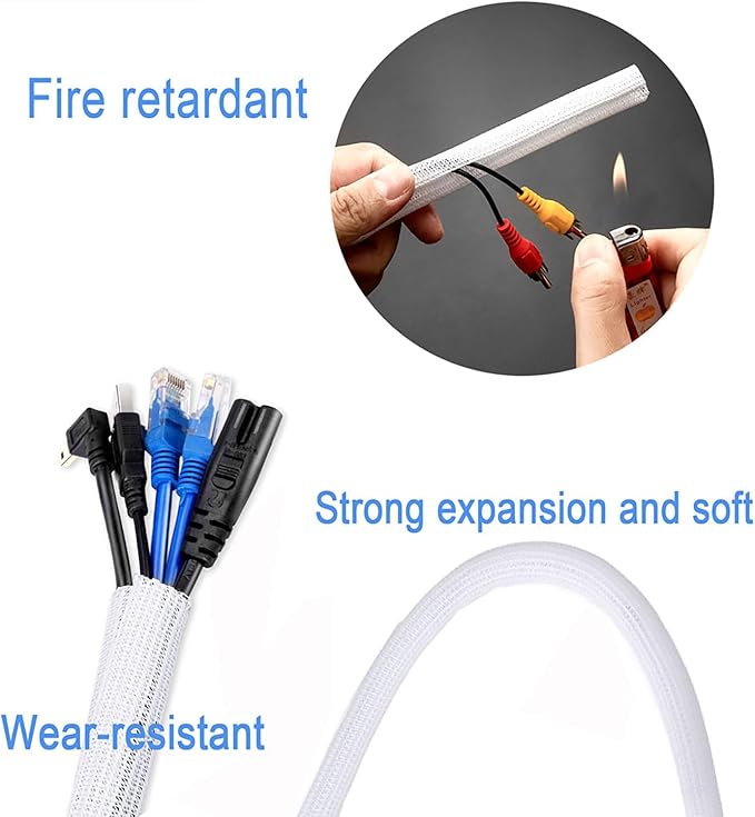 25ft 1 Inch White Cable Sleeve – Split Wire Loom Tubing Cord Protector – Flame - Image 4