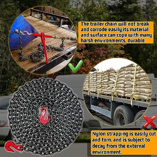 G80 Transport Binder Chain|1/4"×20 FT Heavy Duty Chain Wll 3300 Lbs Break Strength for Towing|Log Trailer Safety Chains with Grab Hooks for Transporting|Tie Down Binding Equipment(Oiled) - Image 5