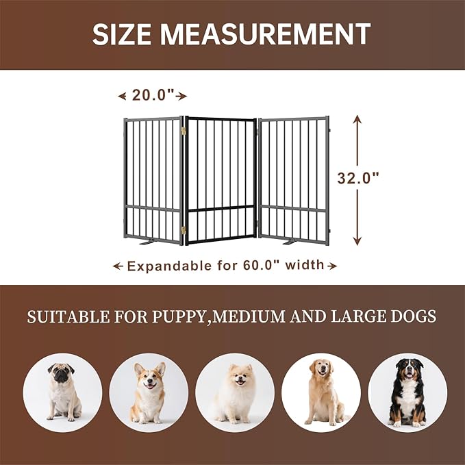 3 Panels Full Metal Freestanding Dog Gates, 60” W x 32” H Folding Pet Gate Fence - Image 2