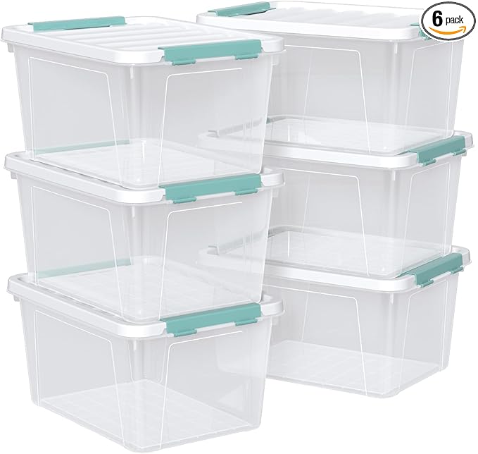 6 Packs Plastic Latch Boxes, 20 L Clear Stackable Storage Container Bin by Unknown