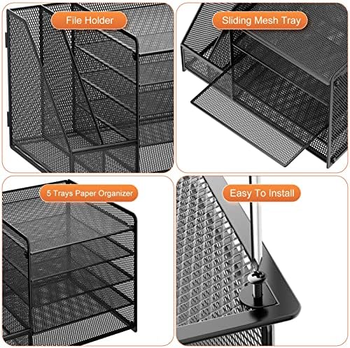 Marbrasse Desk Organizer with File Holder, 5-Tier Paper Letter Tray Organizer, Mesh Desk Organizers and Accessories with Magazine Holder, Desktop Storage for Office Supplies (Black) - Image 6