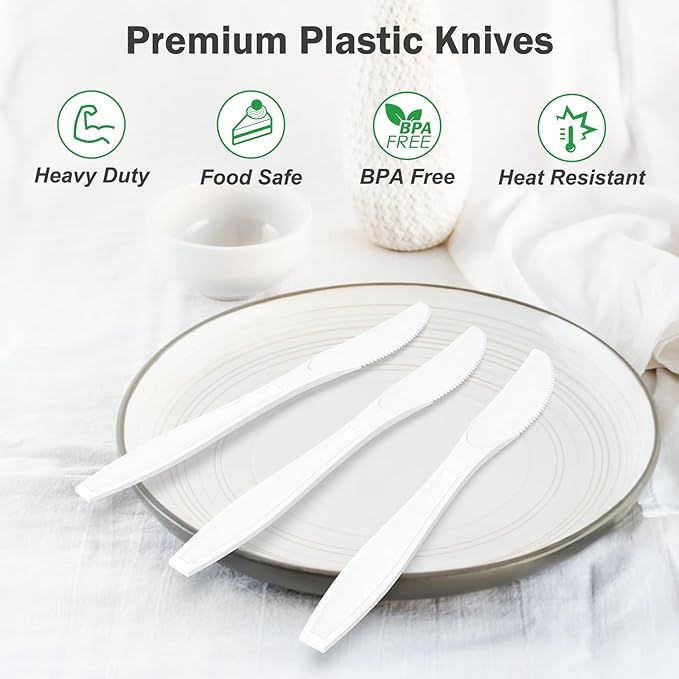 360 Count Extra Heavy Duty White Plastic Knives Disposable, Heat Resistant - Image 4