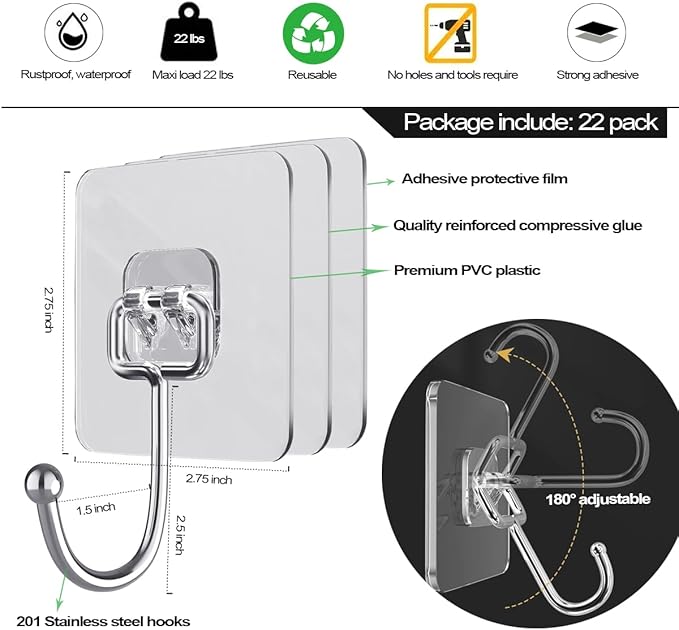 ZESLMG Large Adhesive Hooks for Hanging Wall, 22 Pack Self Sticky Hooks Heavy - Image 2