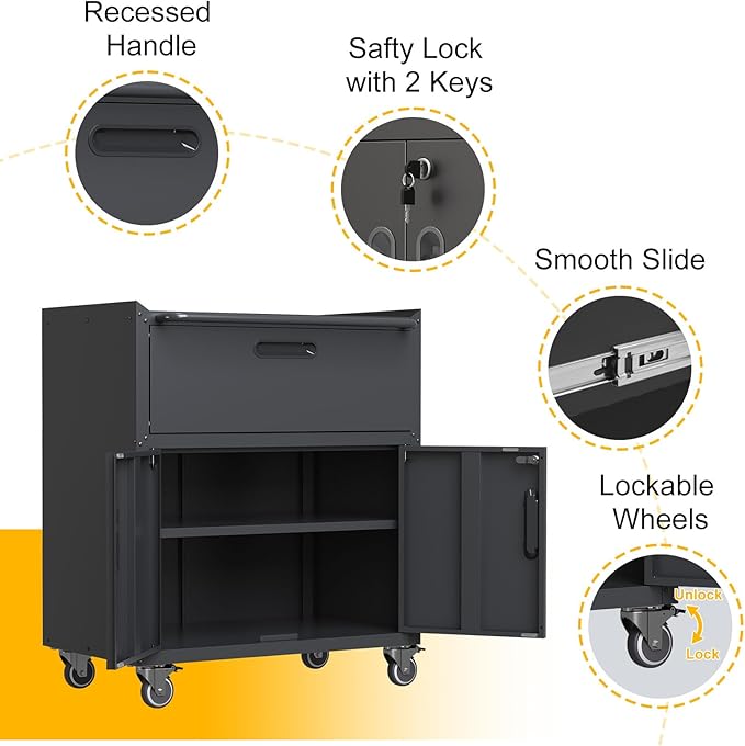 Metal Storage Cabinet with Wheels, Rolling Tool Chest with Adjustable Shelf & - Image 4