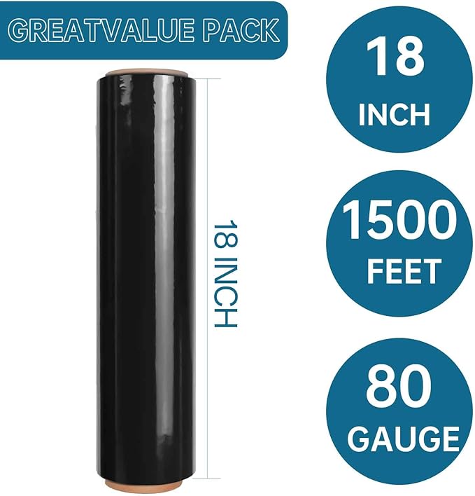 Black Plastic Shrink Wrap Roll, 18 Inch 1500 Feet Stretch Film, 80 Gauge - Image 2