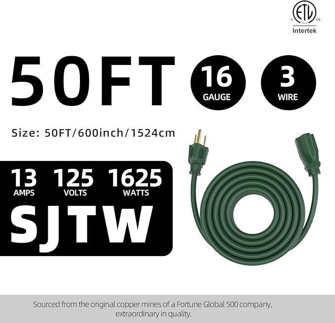 50FT 16/3 Gauge Green Outdoor Extension Cord Waterproof Heavy Duty, 3 Prong - Image 2