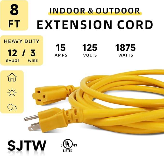EP 8 Ft Outdoor Extension Cord, 12/3 SJTW Heavy Duty Extension Cable - Image 2