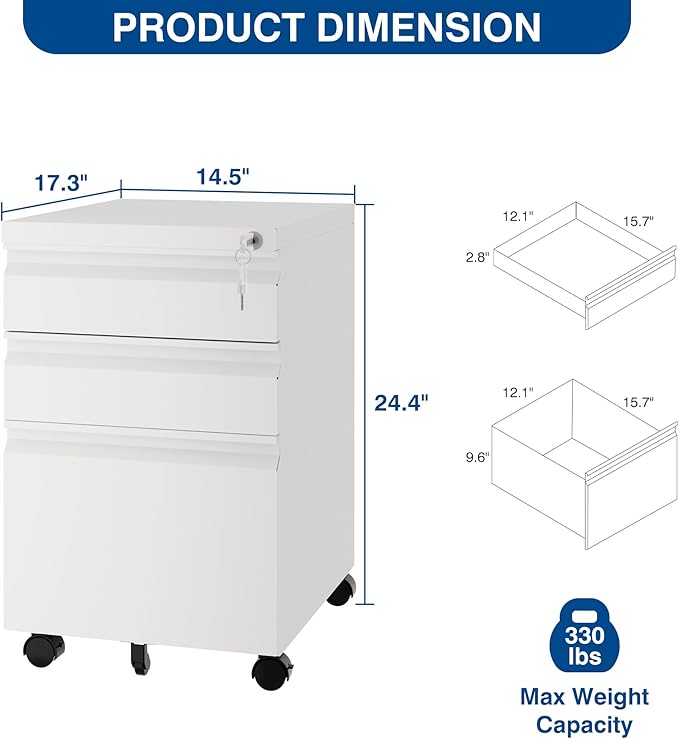 3 Drawer Mobile Metal File Cabinet, Pre-Built Office Storage File Cabinet - Image 2