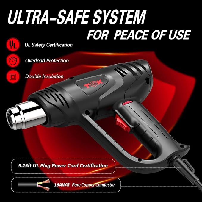 Heat Gun, TGK® 1800W Heavy Duty Hot Air Gun Kit 122℉~1202℉ Dual Temperature - Image 6