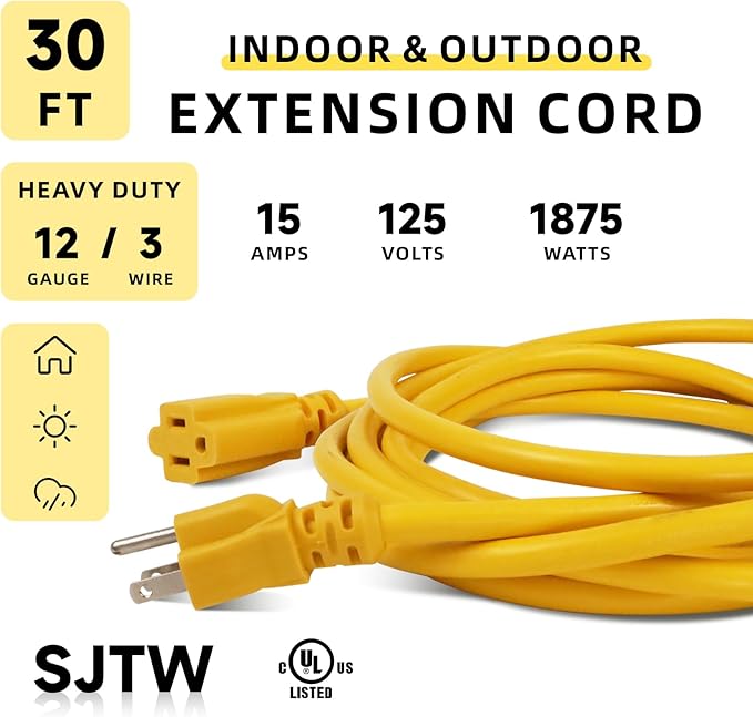 EP 30 Ft Outdoor Extension Cord, 12/3 SJTW Heavy Duty Extension Cable - Image 2