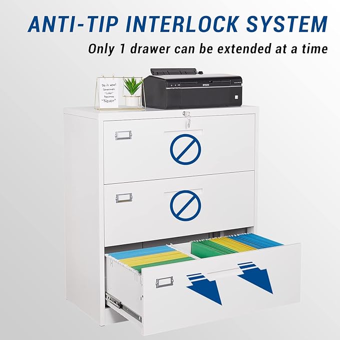 Lateral File Cabinet with Lock, 3 Drawer Large Metal Filing Cabinet, Home - Image 4