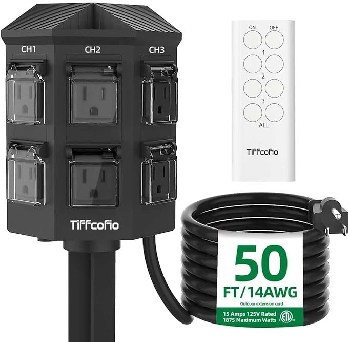 Outdoor Remote Control Power Strip, 50FT Extension Cord Waterproof, Independent by TiFFCOFiO