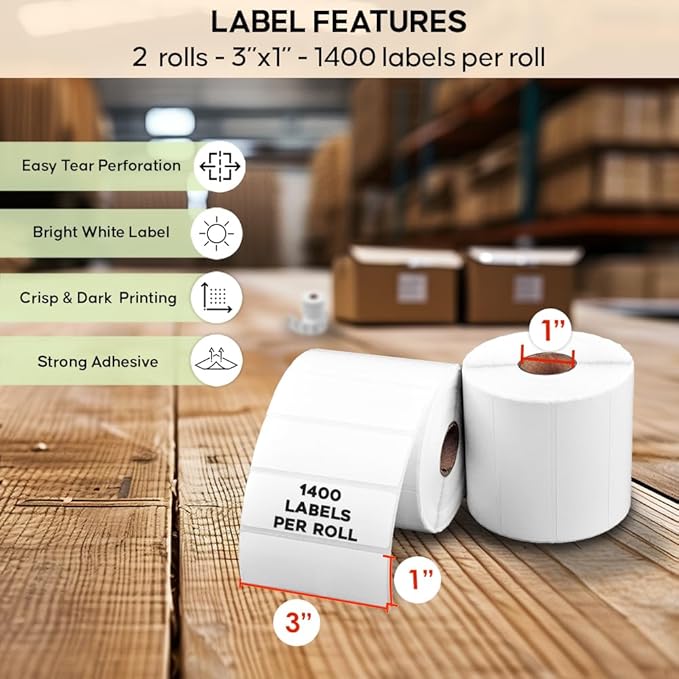 2 Rolls of 3 x 1 Direct Thermal Labels, 1400 Labels per Roll - Image 2