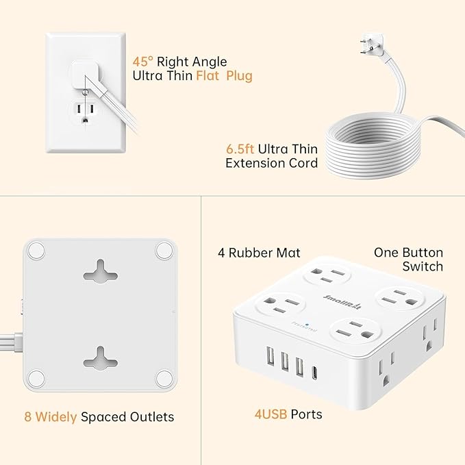 6.5Ft Power Strip with Surge Protector, 8 Outlets 4 USB Ports Extension Cord - Image 6