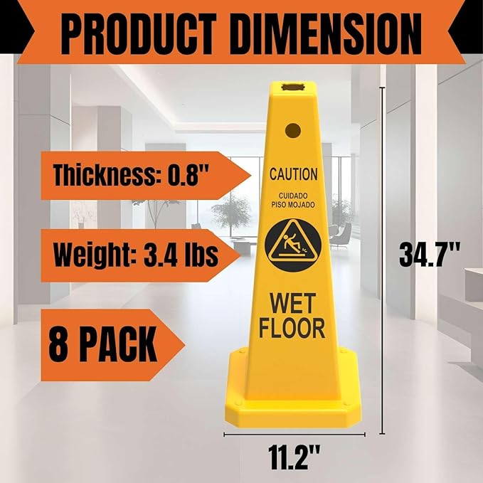 Caution Wet Floor Sign, 26.4-Inch Safety Cone, 8 Pack Yellow Plastic, - Image 2