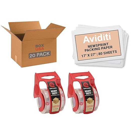 BOX USA Moving Boxes Medium 18"L x 14"W x 12"H 20-Pack & Heavy Duty 2in x 25yd by BOXUSA