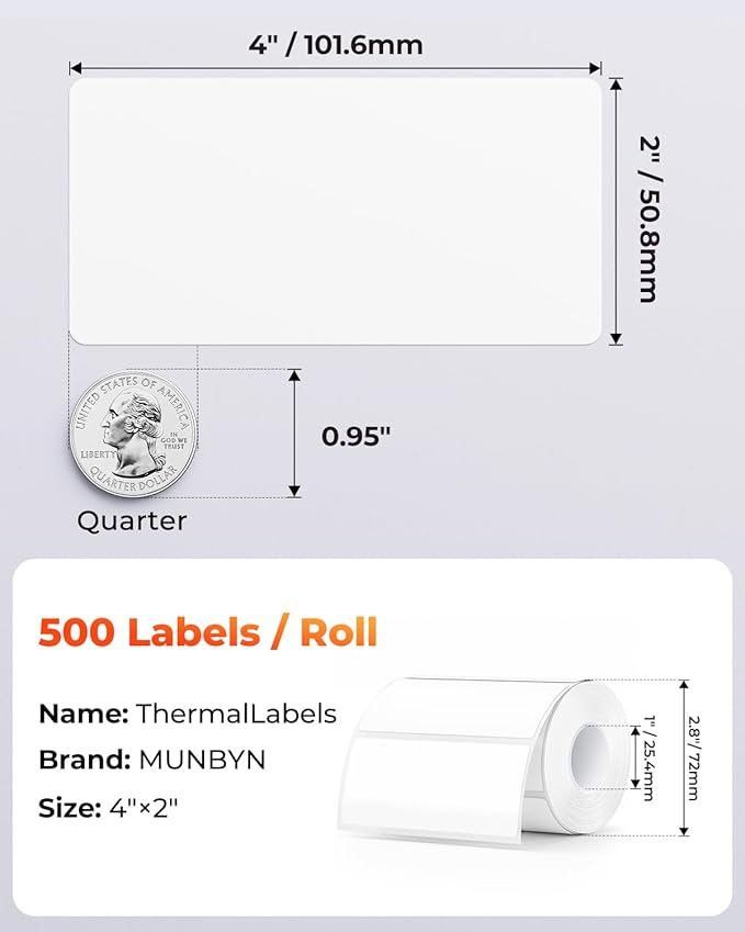 MUNBYN 4” X 2” Direct Thermal Labels, Thermal Printer Stickers, Strong Adhesive - Image 2