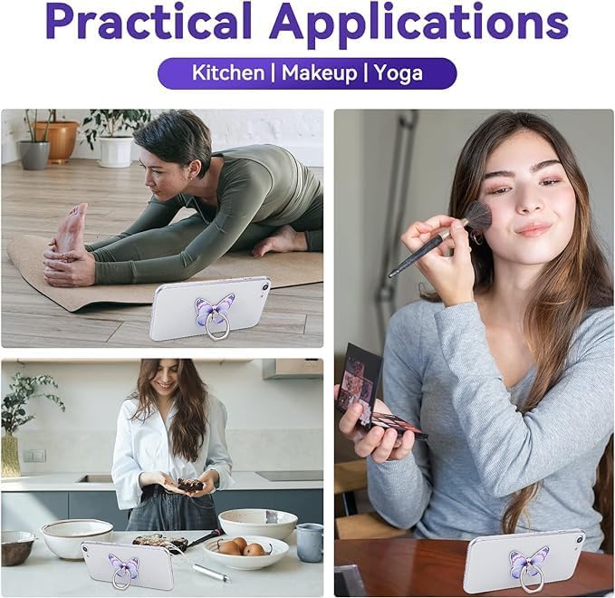 3 Pcs Butterfly Cell Phone Ring Stand Holder, Cute Butterfly Design Finger 360° Rotating Metal Hand Phone Stand Holder, with Adjustable Knob Loop (threePurple) - Image 6