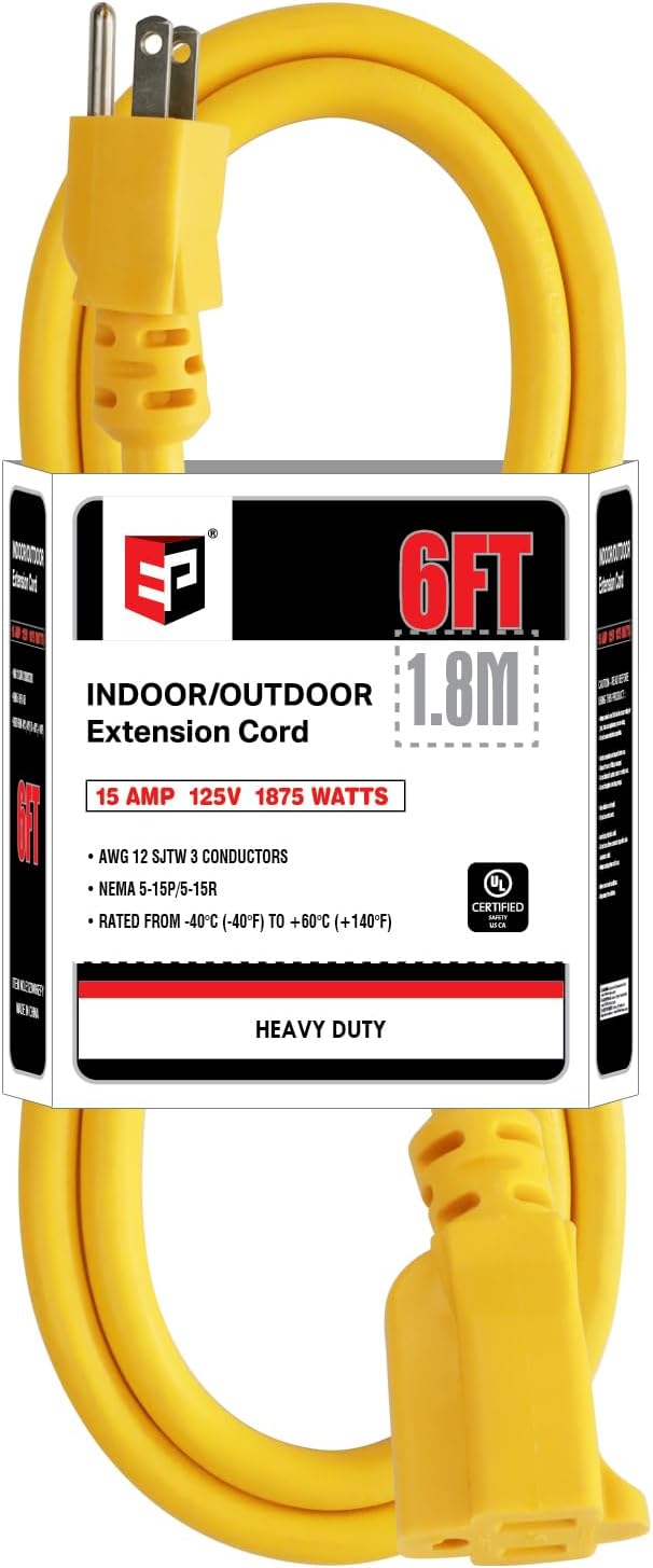 EP 6 Ft Outdoor Extension Cord, 12/3 SJTW Heavy Duty Extension Cable by ENERGYPRO