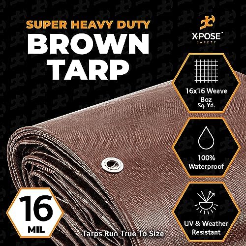 8' x 10' Heavy Duty Brown Poly Tarp with 10-Pack 15" (23” Max Stretch) Bungee Cords – Waterproof, UV Resistant, Rip Proof, Reinforced Edges, Grommets, and Durable Tie Down Straps – by Xpose Safety - Image 2