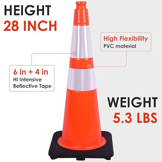 Fluorescent Orange PVC Traffic Cones, Heavy-Duty Black Base Garage Parking Lot - Image 2