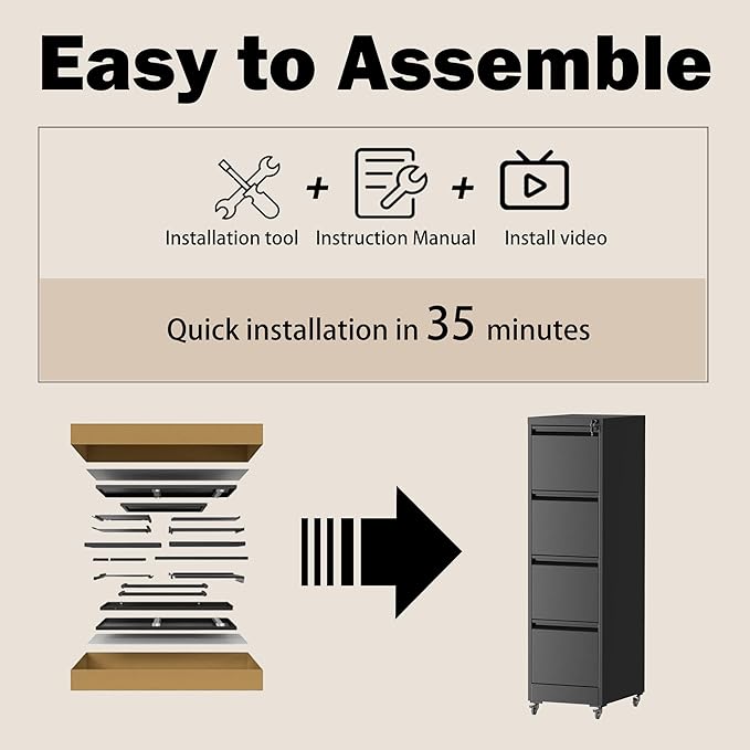 File Cabinet with Lock, 4 Drawers Filing Cabient with Wheel, Steel Vertical - Image 7