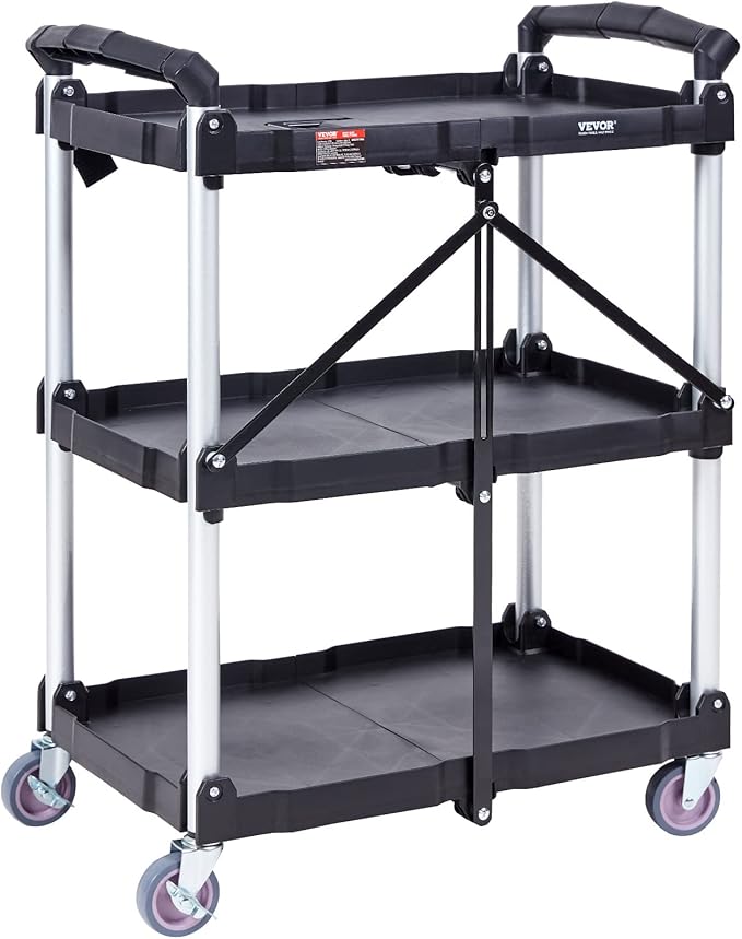 VEVOR Foldable Utility Service Cart, 165LBS 3 Shelf Heavy Duty Plastic Rolling - Image 9