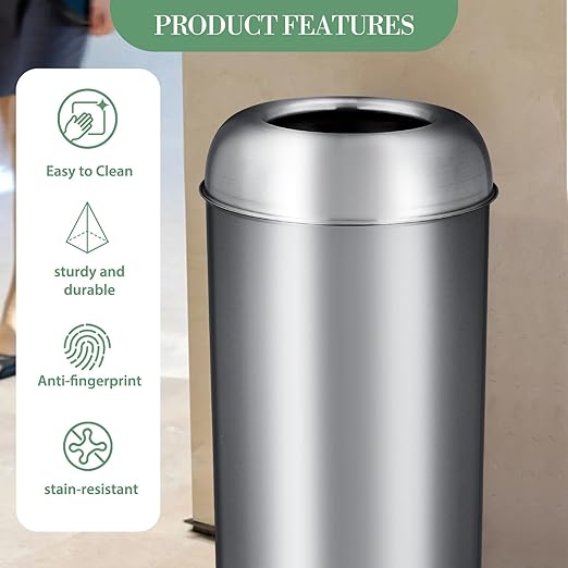 65L/17 Gallon Tall Commercial Trash Can, Large Capacity Brushed Stainless Steel - Image 4