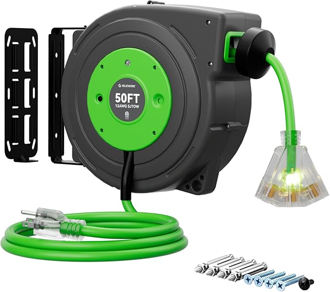 50 FT Retractable Extension Cord Reel, Heavy Duty 12AWG/3C SJTOW Power Cord by ISLEWIRE