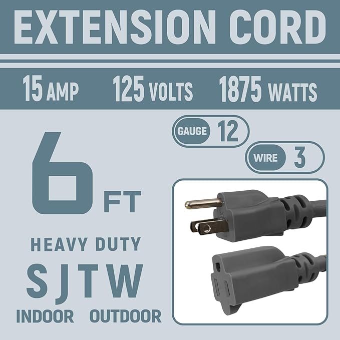 6 FT 12 Gauge Extension Cord Outdoor, Heavy Duty Weatherproof & Flame Retardant - Image 2
