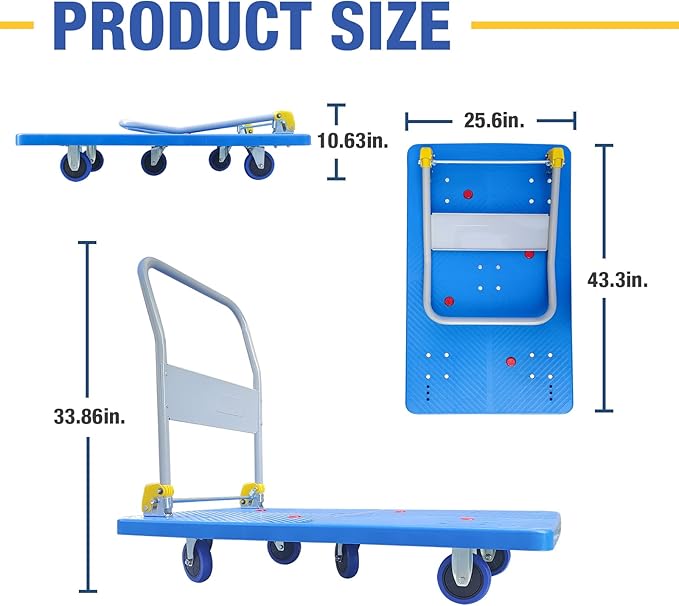 Flatbed Cart, Heavy Duty 1320lbs Capacity Platform Hand Truck 360 Degree Swivel - Image 2