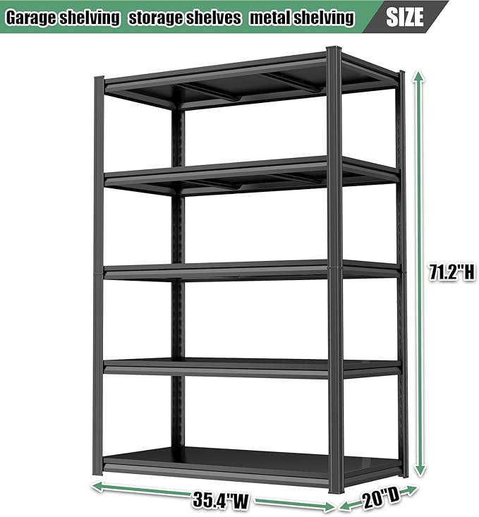 72"H Storage Shelves 5 Tier Garage Shelving Unit 3000LBS Metal Shelving Heavy - Image 2