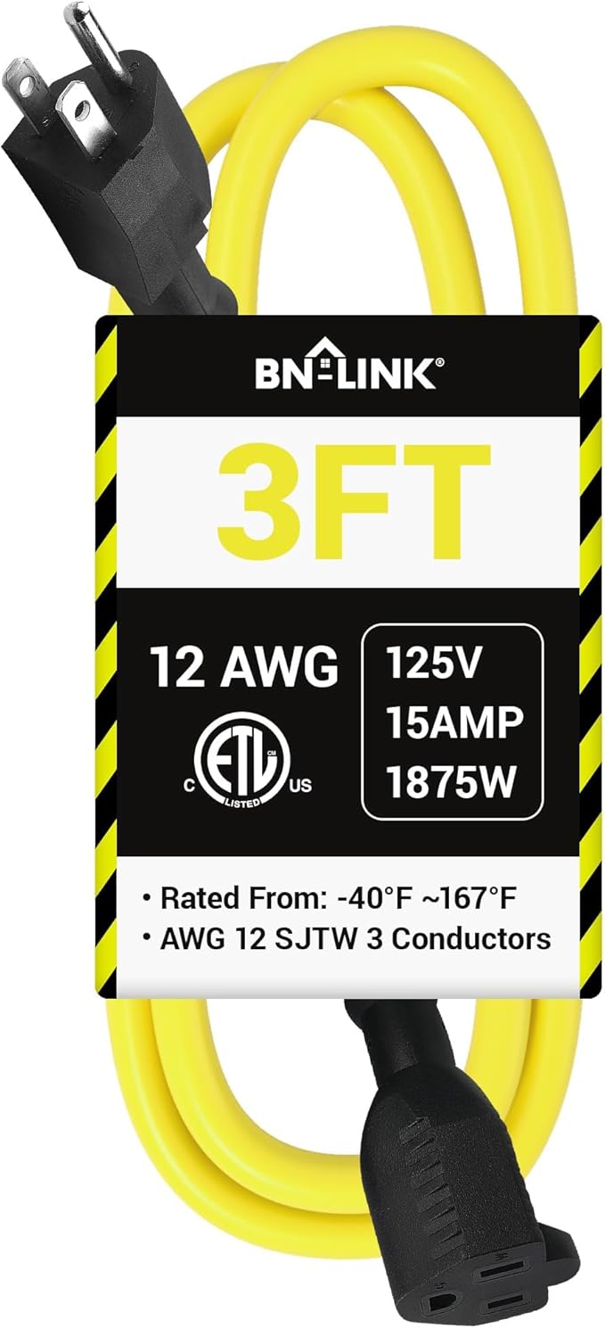 BN-LINK 3ft Outdoor Extension Cord, 12/3 SJTW Heavy Duty Power Cord, 3-Prong by BN-LINK