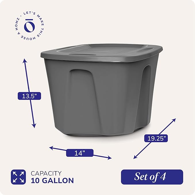 HOMZ 4-Pack Durable Molded Bin, Plastic Storage Containers w/Lids, 10 Gallon - Image 4