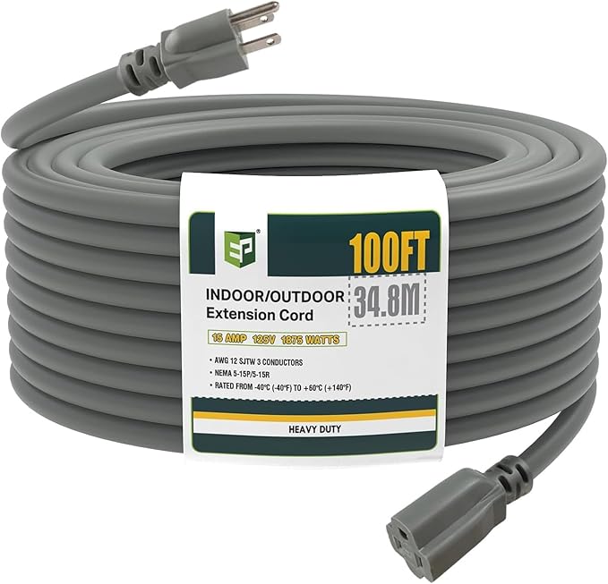 EP 100 Ft Outdoor Extension Cord, 12/3 SJTW Heavy Duty Extension Cable by ENERGYPRO