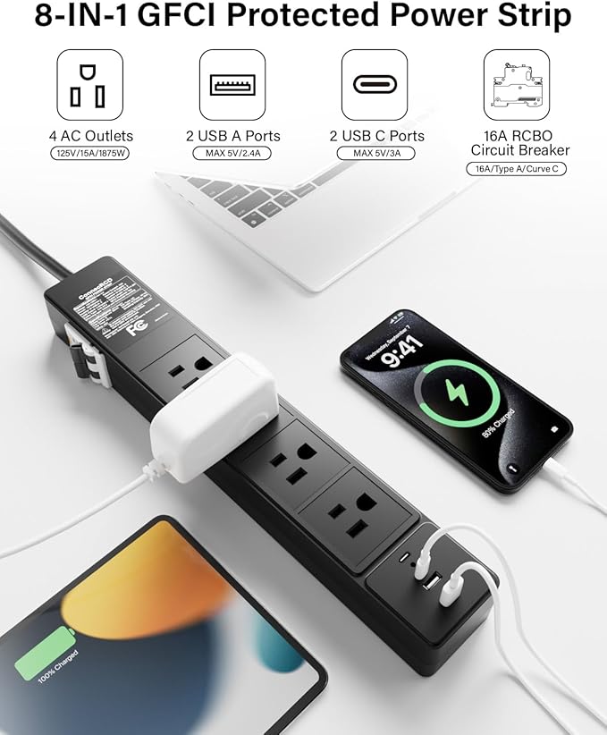 4-Outlet GFCI Power Strip with 4 USB Ports, 6FT Heavy Duty Surge Protected - Image 2