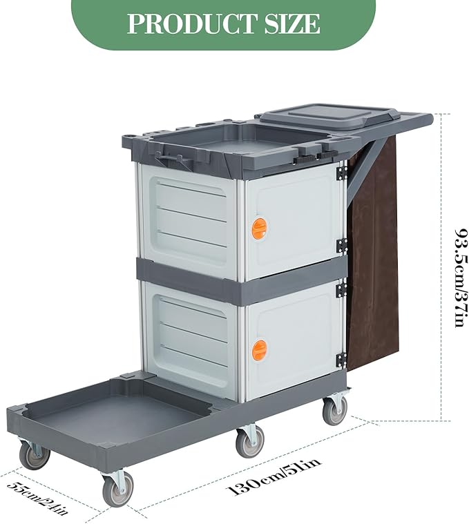 Janitorial Cart with 2 Cabinet, Commercial Cleaning Cart On Wheels with Cover - Image 7