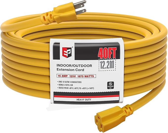EP 40 Ft Outdoor Extension Cord, 12/3 SJTW Heavy Duty Extension Cable by ENERGYPRO