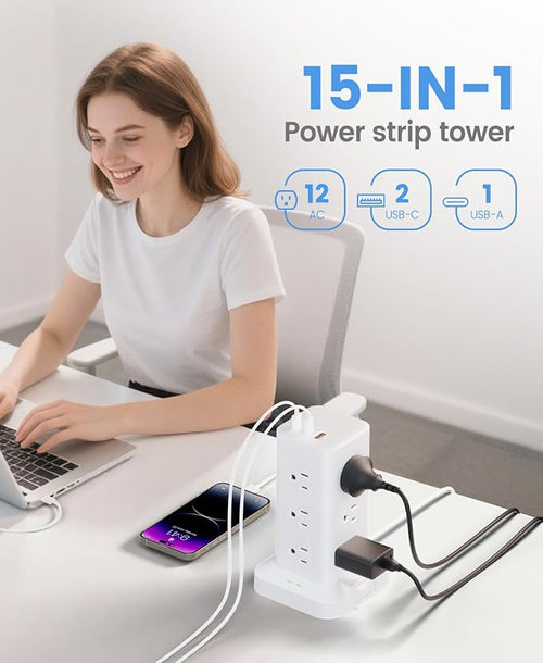 15-in-1 Power Strip Tower with Surge Protector 1800J, Fast Charging Tower PD20W - Image 2