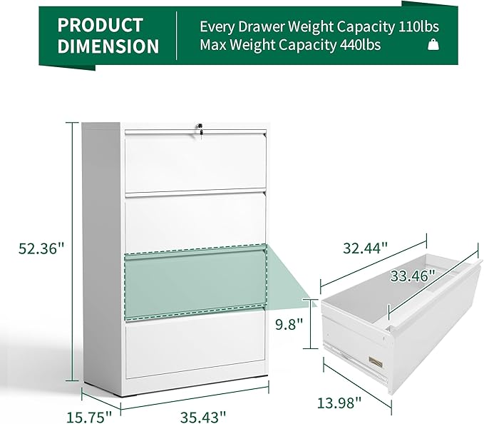 4 Drawer Lateral File Cabinet, Metal Filing Cabinets - Image 3
