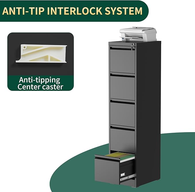 5 Drawer File Cabinet with Lock, Steel Vertical Filing Storage Cabinet - Image 6