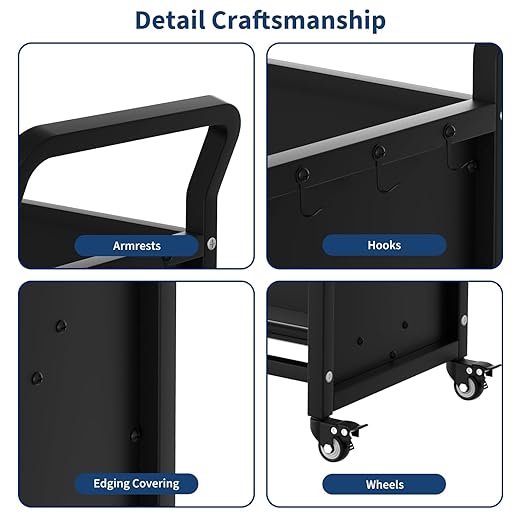 3-Tier Metal Rolling Book Cart, 4 Lockable Wheels & Side Hooks, V-Shaped Heavy - Image 4