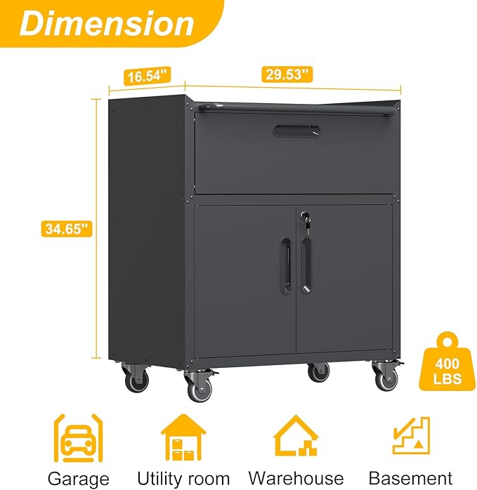 Metal Storage Cabinet with Wheels, Rolling Tool Chest with Adjustable Shelf & - Image 3
