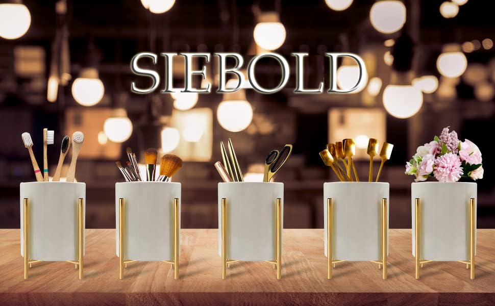 Gold pencil cup Sturdy metal frame with white ceramic pen holder For desks and kitchen appliance holders - Image 2